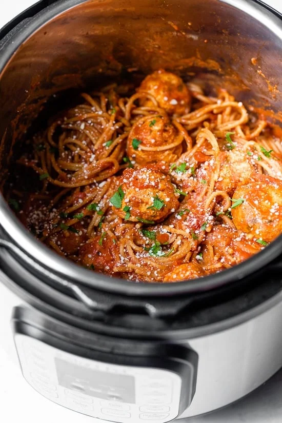 Spaghetti and meatballs in Instant Pot.