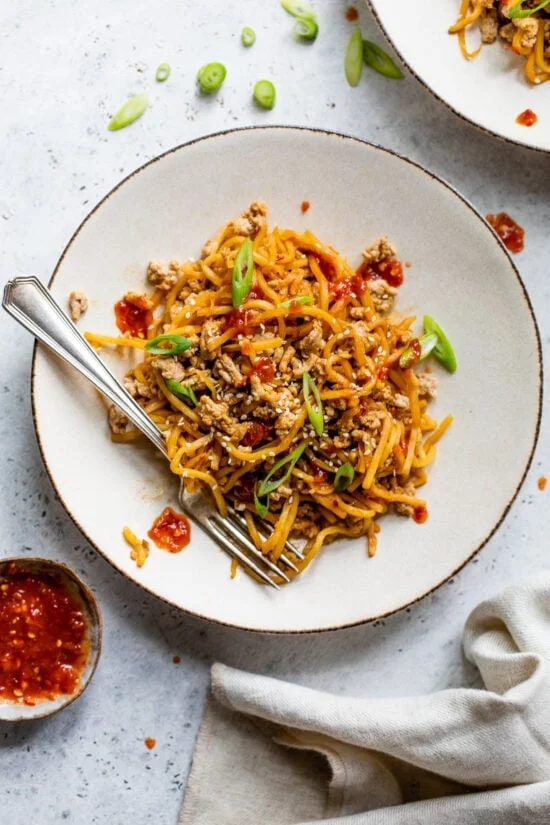 Spicy Hearts of Palm Noodle Stir Fry with Ground Chicken
