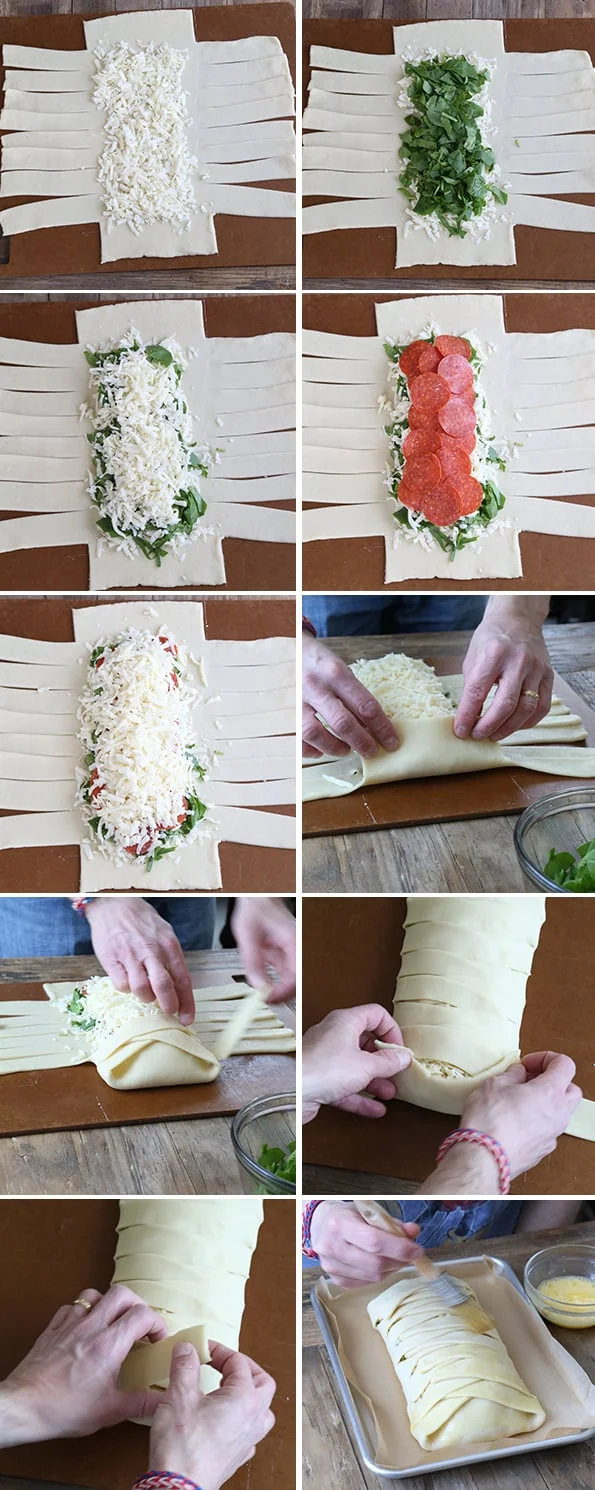 Spinach and Pepperoni pizza dough being assembled on brown surface 