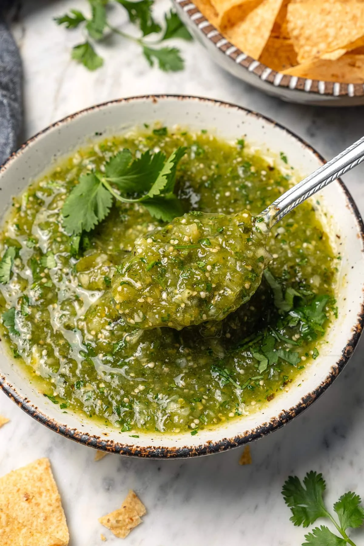 Spoonful of salsa verde in bowl
