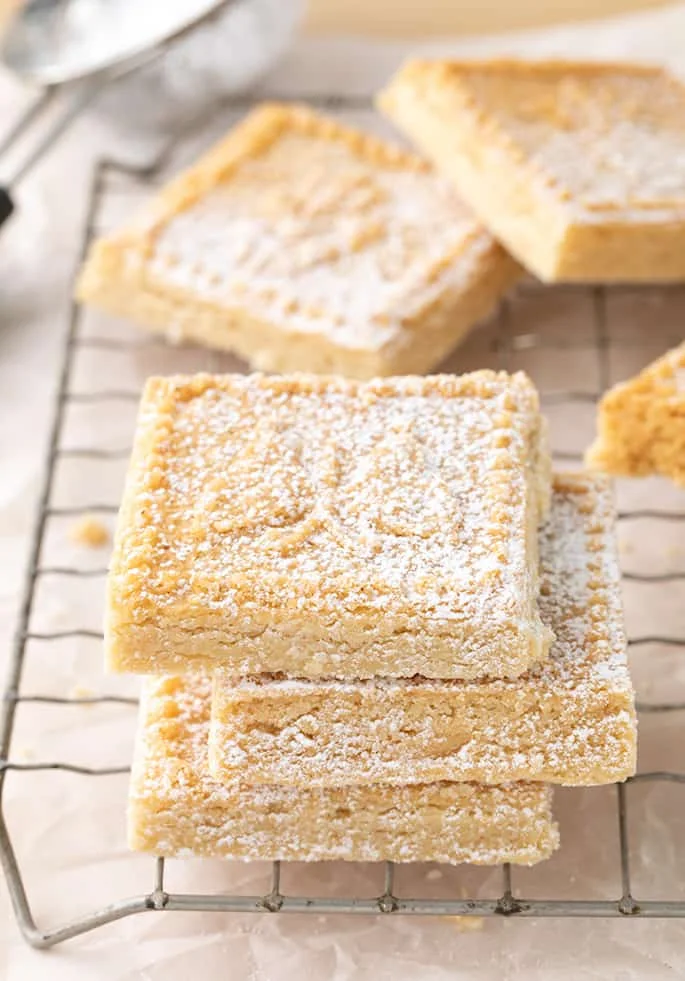 Stack of 3 shortbread squares on wire rack