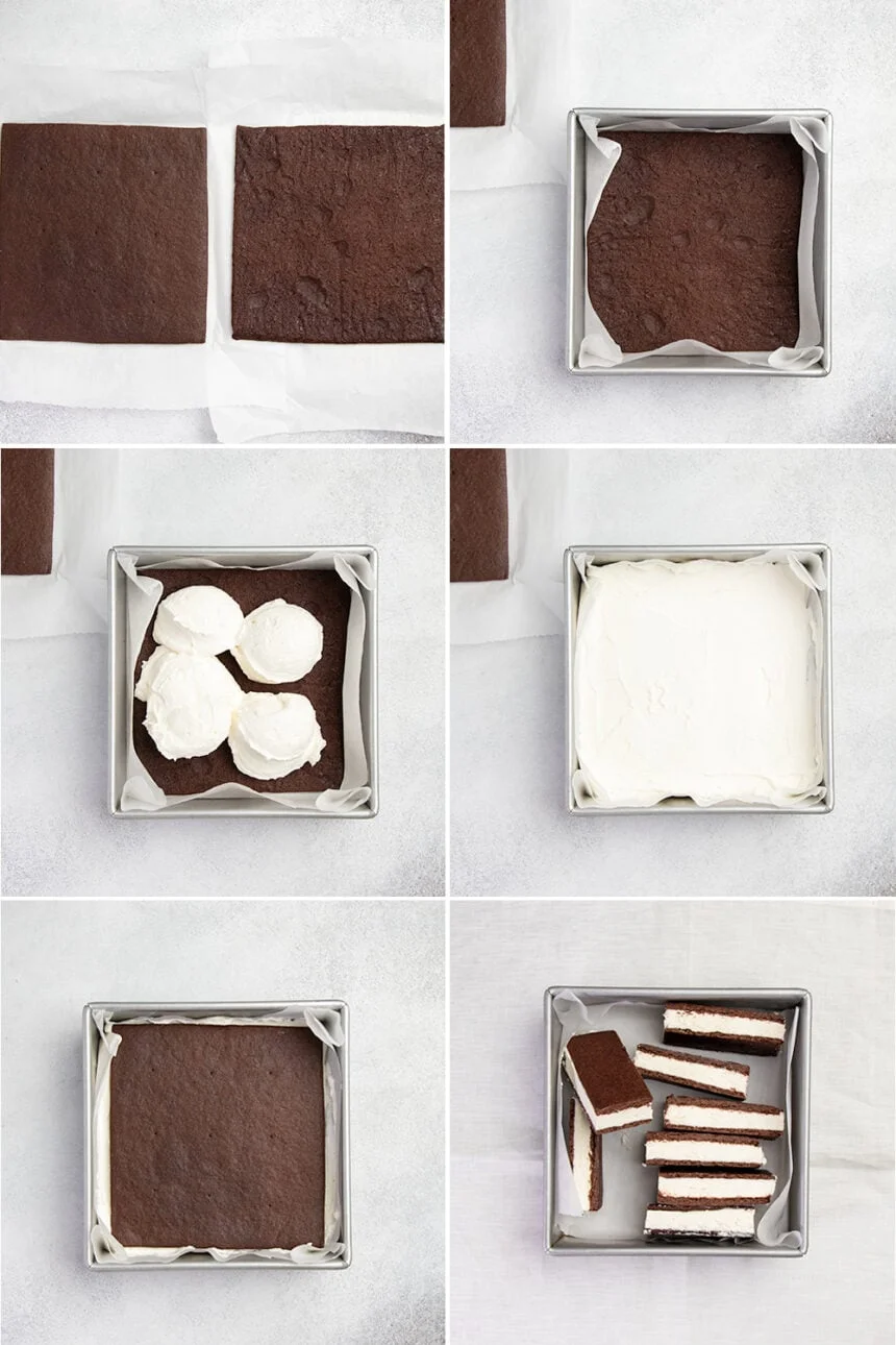 Step by step images placing homemade ice cream scoops in between two 8-inch brown chocolate wafers and then cutting them into rectangles