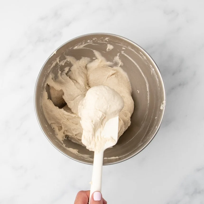 Sticky, wet tan raw bread dough in mixing bowl with fingers holding white spatula with some dough on it
