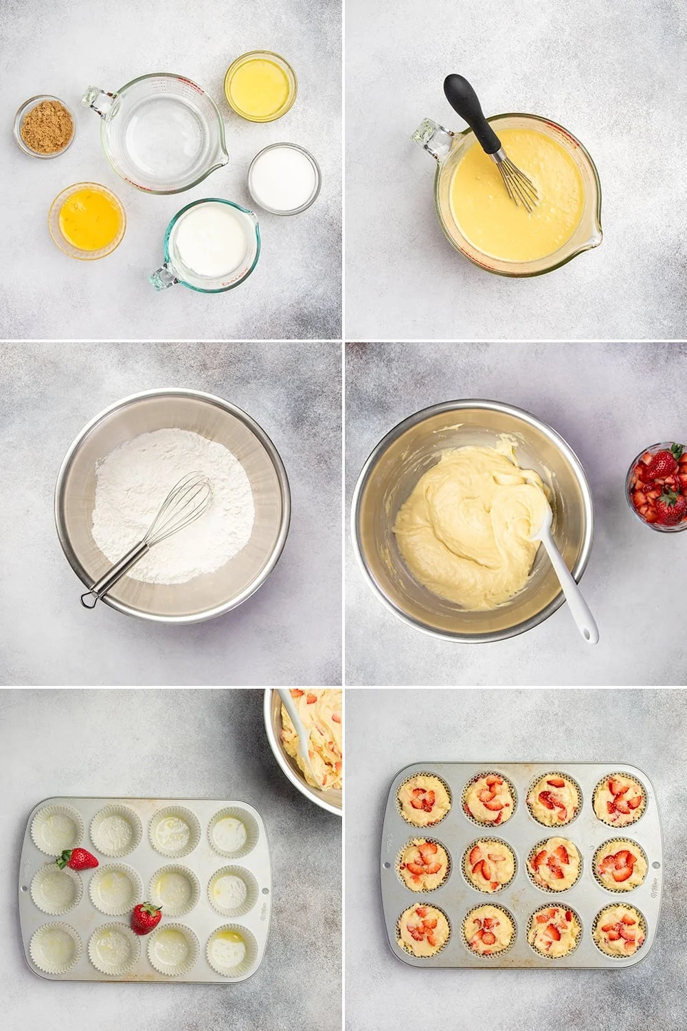 Strawberry muffins step by step images combining wet ingredients, then dry ingredients, then combining wet with dry in metal bowl, then putting in muffin tin to bake