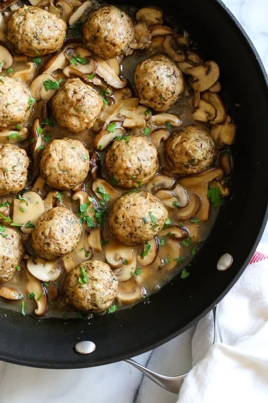 These Chicken Marsala Meatballs are a fun twist in the classic dish! Great served over butternut squash or egg noodles.