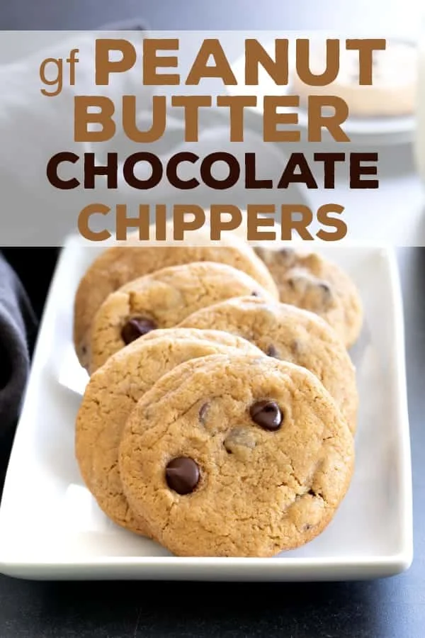 These thick and chewy gluten free peanut butter chocolate chip cookies are made with plenty of peanut butter and brown sugar. #glutenfree #cookies #peanutbutter