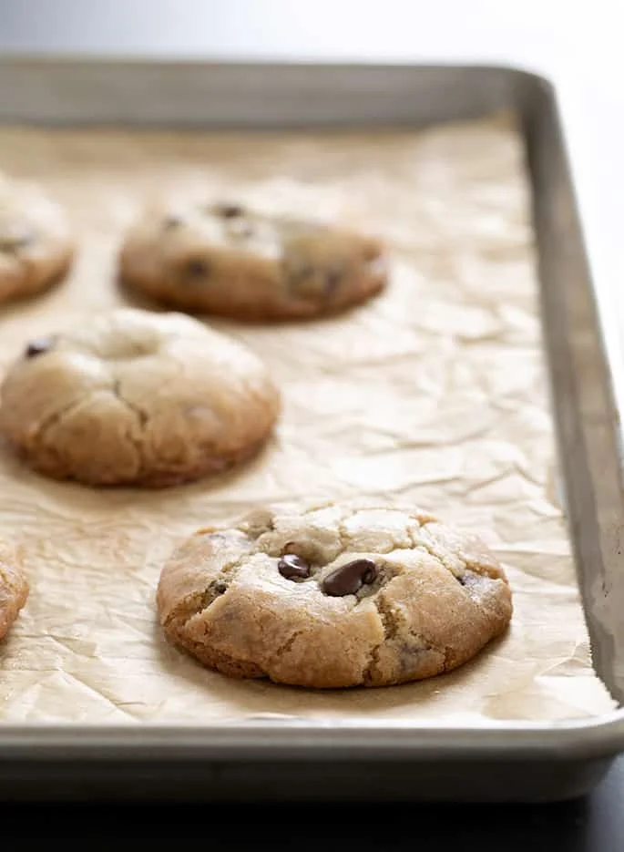 These vegan gluten free chocolate chip cookies are thick and extra chewy, and they're perfect if you're out of eggs or just don't eat them.