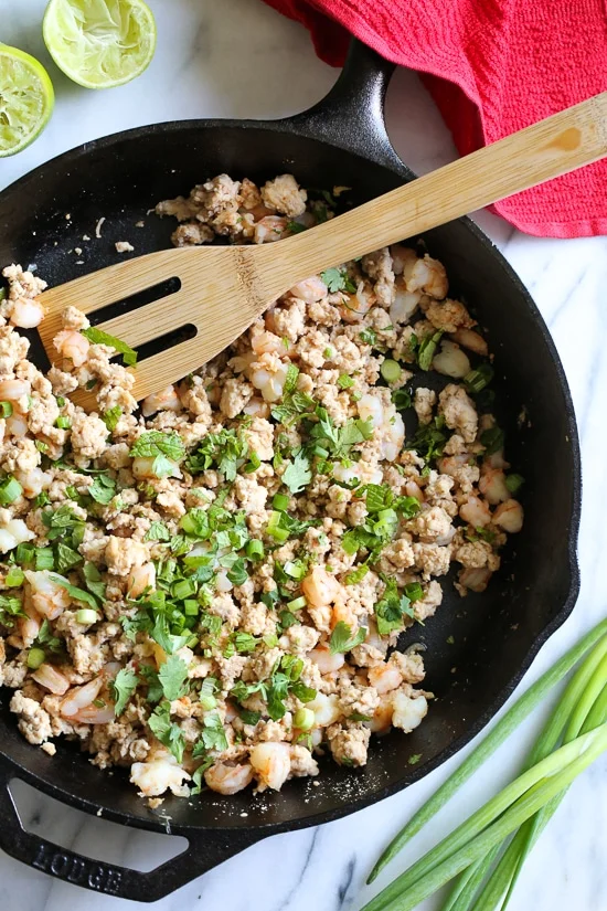This chicken and shrimp laap or larp is a Laotian version of lettuce wraps. It's low-carb, Paleo-friendly, Whole 30 approved, loaded with flavor and so fast and easy to make!