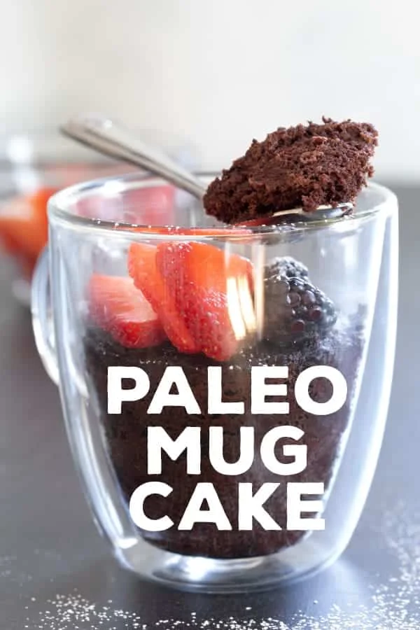 This chocolate Paleo mug cake is lightly sweet, rich, and easy enough for kids to make their own. The perfect healthy gluten free snack! #Paleo #almondflour #mugcake #glutenfree
