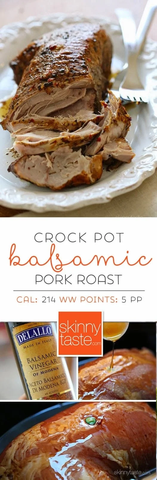 This Crock Pot Balsamic Pork Roast is so easy and literally falls apart once cooked. Here it's cooked with balsamic vinegar and honey which gives it a slight tang that I love!