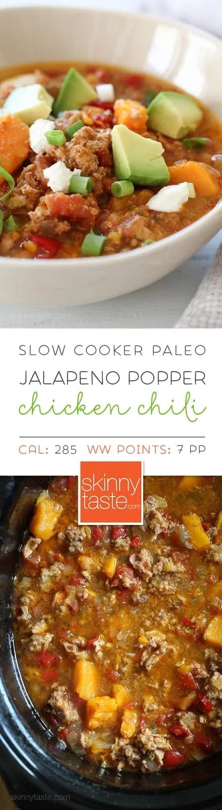 This easy Slow Cooker Paleo Jalapeno Popper Chicken Chili recipe is perfect for Fall, football games, and chili season!