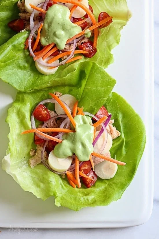 Tuna Lettuce Wrap with Avocado Yogurt Dressing