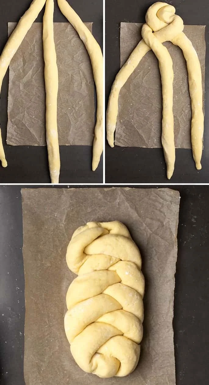 Three strands of raw gluten free challah bread dough being joined, then braided, and in a braid