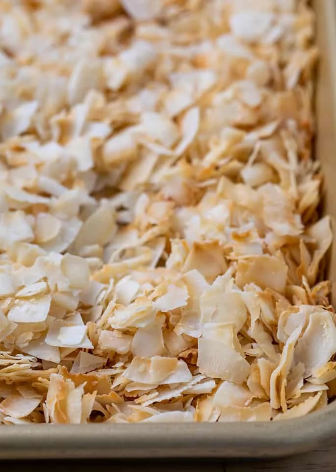 Toasted coconut chips on baking sheet