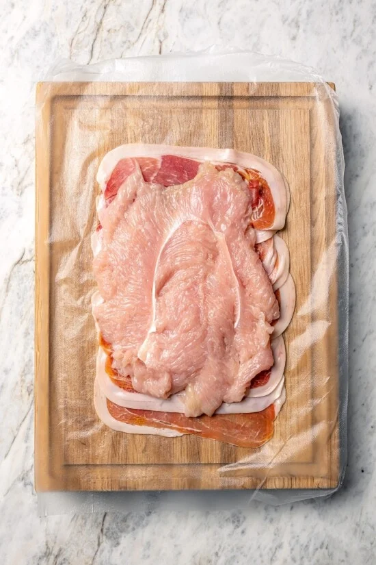 Turkey tenderloin set over layer of prosciutto.
