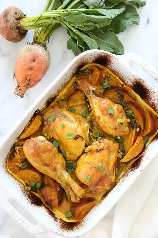 Turmeric Braised Chicken with Golden Beets and Leeks