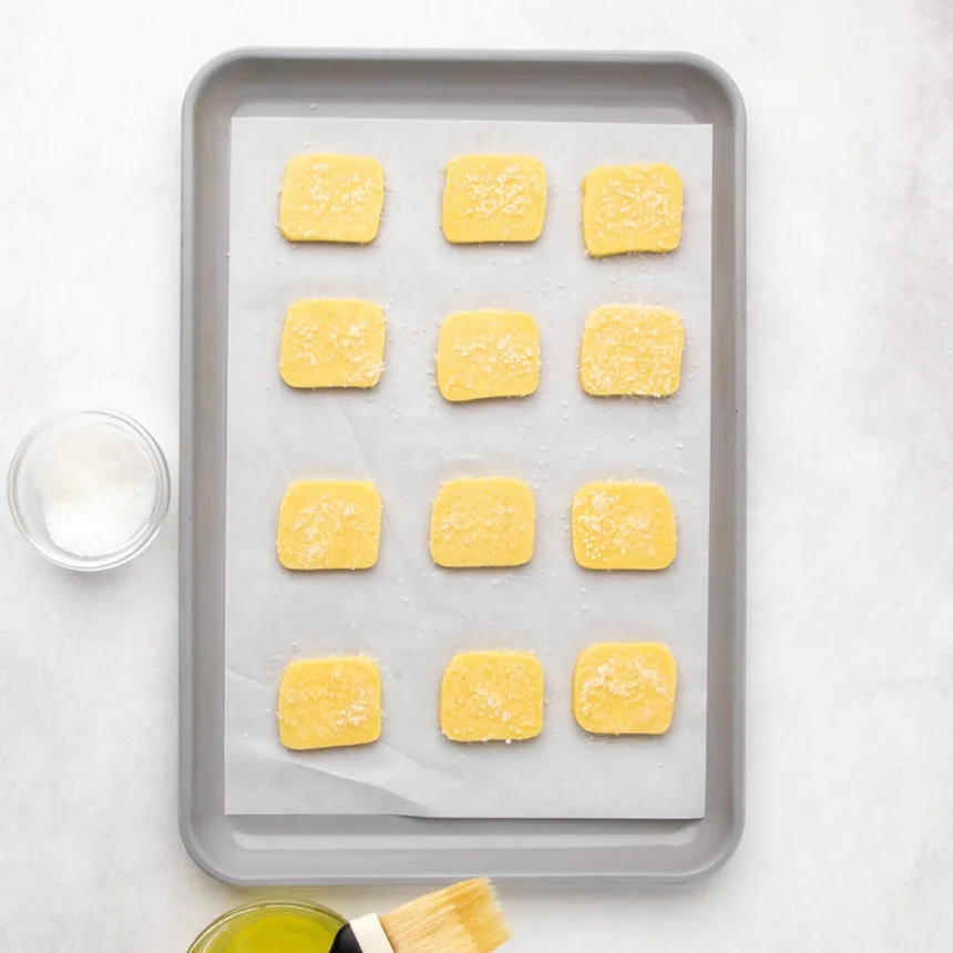 Twelve sugar-topped raw dough pieces arranged in rows on a parchment-lined baking sheet, with a small bowl of sugar visible at the side.