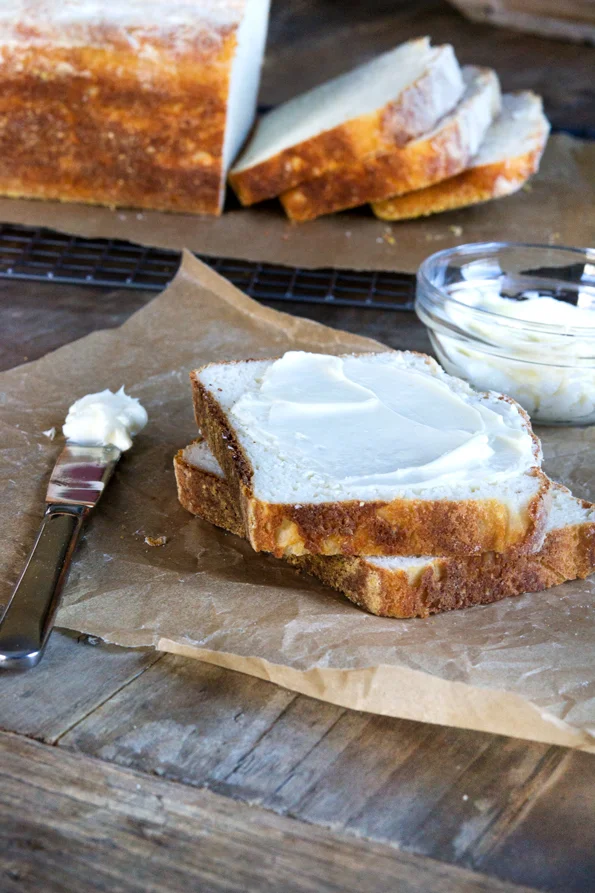Two slices of buttered bread.