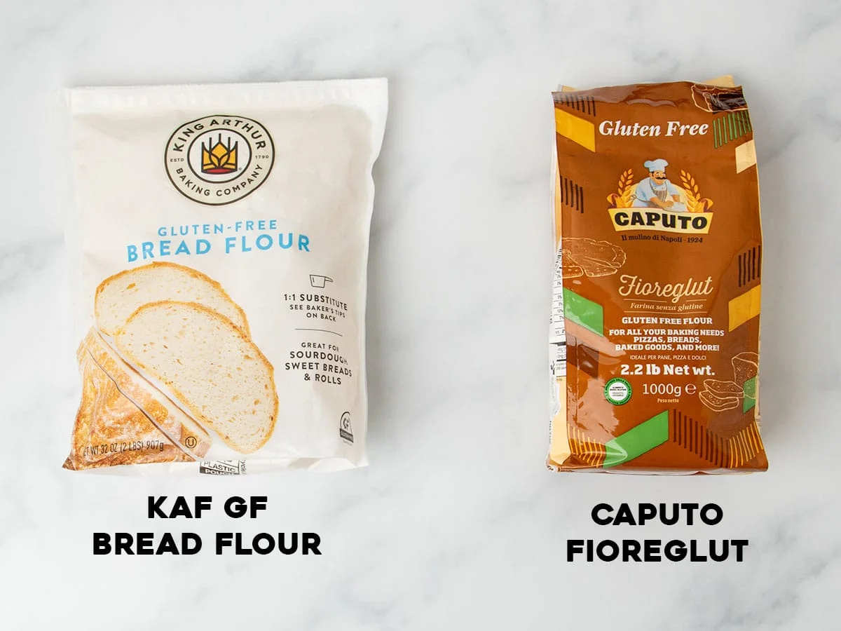White plastic sack of King Arthur Flour brand gluten free bread flour and brown plastic package of Caputo Fioreglut gluten free flour
