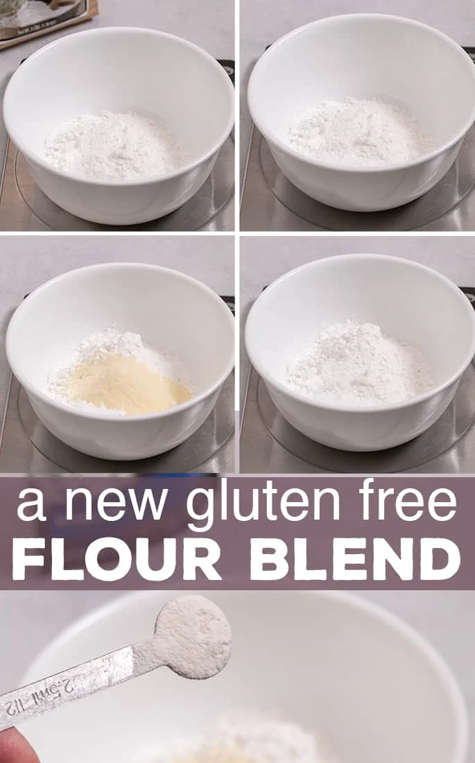 words a new gluten free flour blend on top of 4 bowls with different flours added and a half teaspoon of powder.