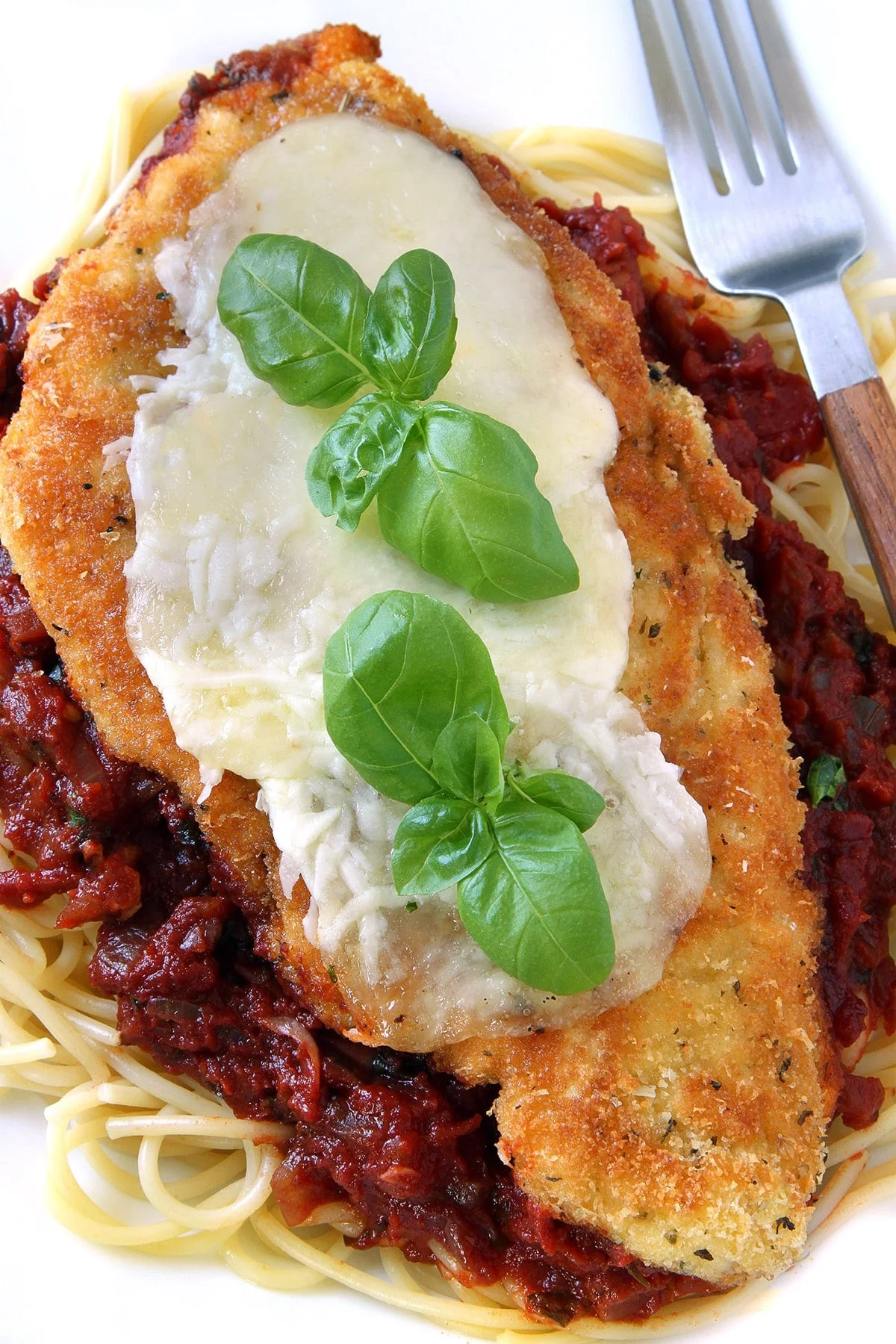 Zoomed in overhead view of spaghetti, red sauce and chicken parmesan 
