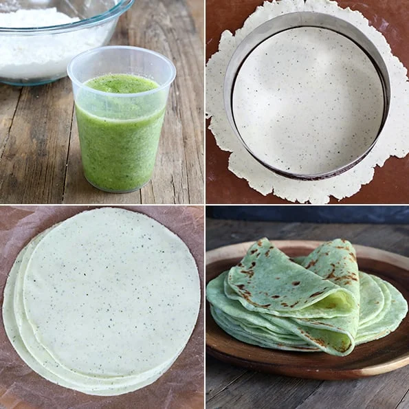 Zucchini flour tortillas being shaped and a stack of zucchini flour tortillas on brown surface 