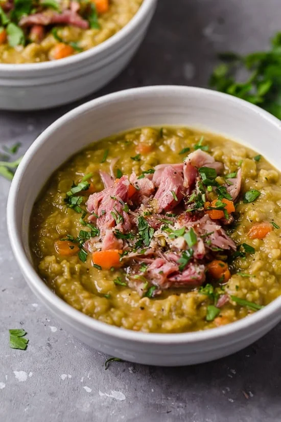 A bowl of split pea soup.