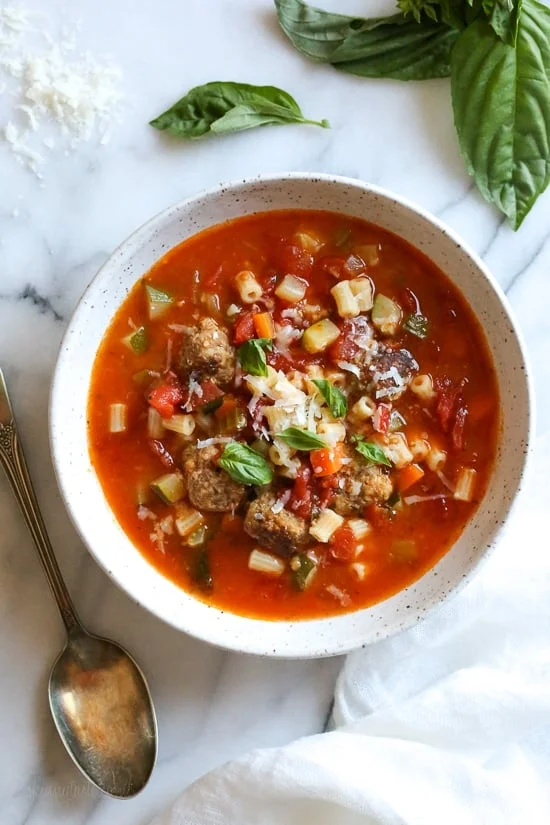 A bowl of turkey meatball and ditalini soup