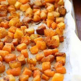 A winter squash medley roasted with a savory, sweet, spicy and smokey seasoning – SO good and a huge hit with my husband!