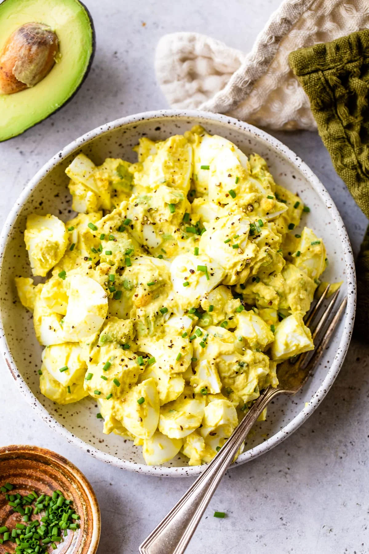 Avocado Egg Salad in a bowl with a fork.