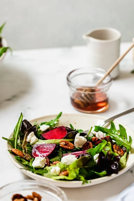 Beet Salad with Goat Cheese and Candied Pecans