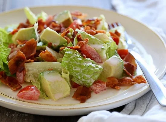 BLT Salad with Avocado is my low-carb solution to the classic sandwich! Made with center cut bacon, lettuce, tomatoes and avocado in a light dressing.