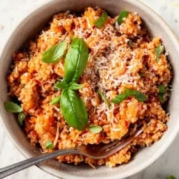 Bowl of quinoa risotto with fork.