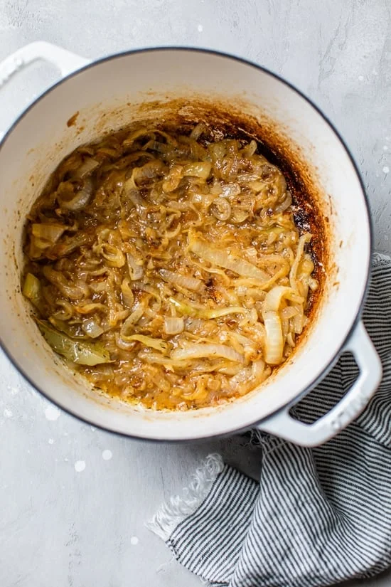 Caramelized onions in a large pot.