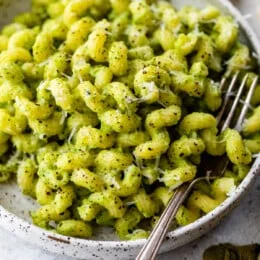 Close up of pasta with zucchini sauce in a bowl with a fork.