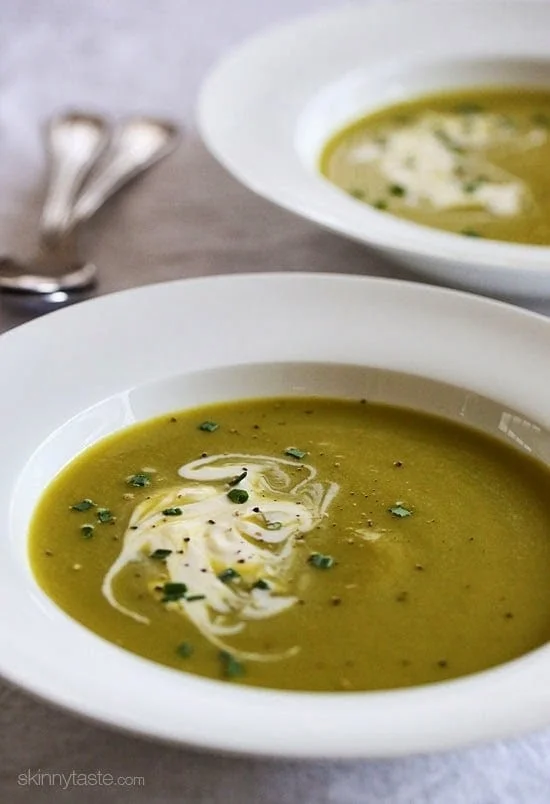 Cream of Asparagus Leek Soup with Creme Fraiche