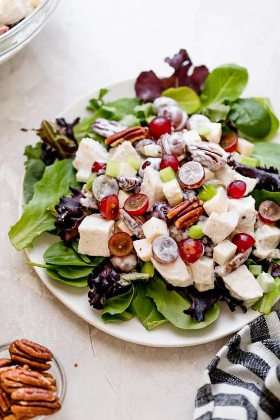 Creamy chicken Waldorf salad served over bed of greens.