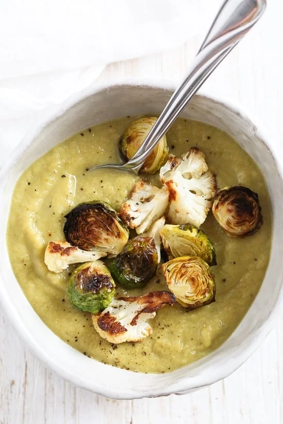 Roasted Brussels Sprouts and Cauliflower Soup