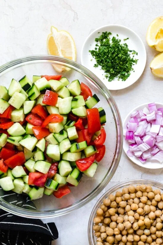 cucumbers, tomatoes, chickpeas, red onion and lemon