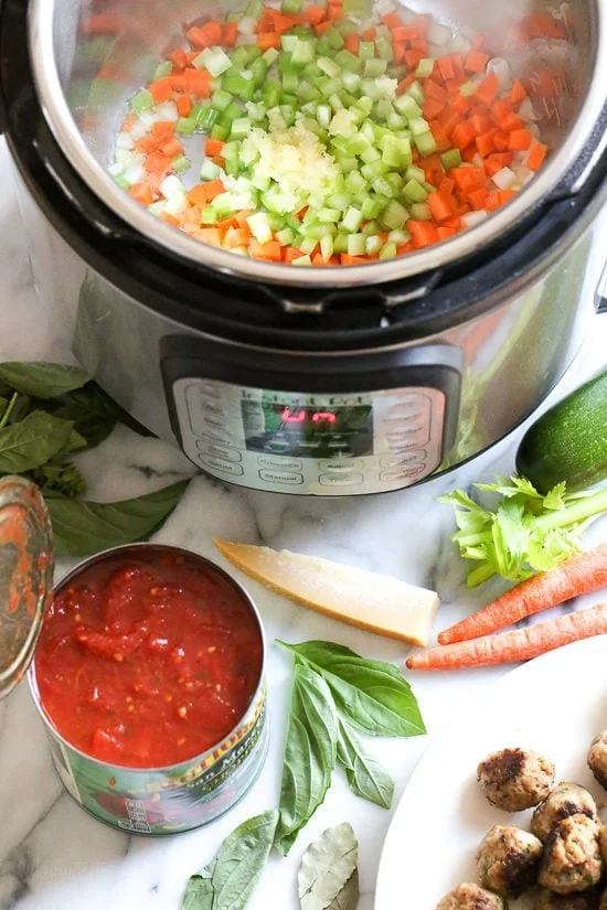 Diced celery, carrots, and onions in the Instant Pot