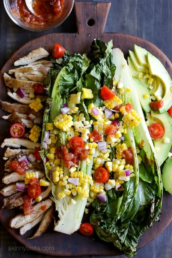 Grilled Romaine Salad with Chicken, Corn and Salsa Dressing