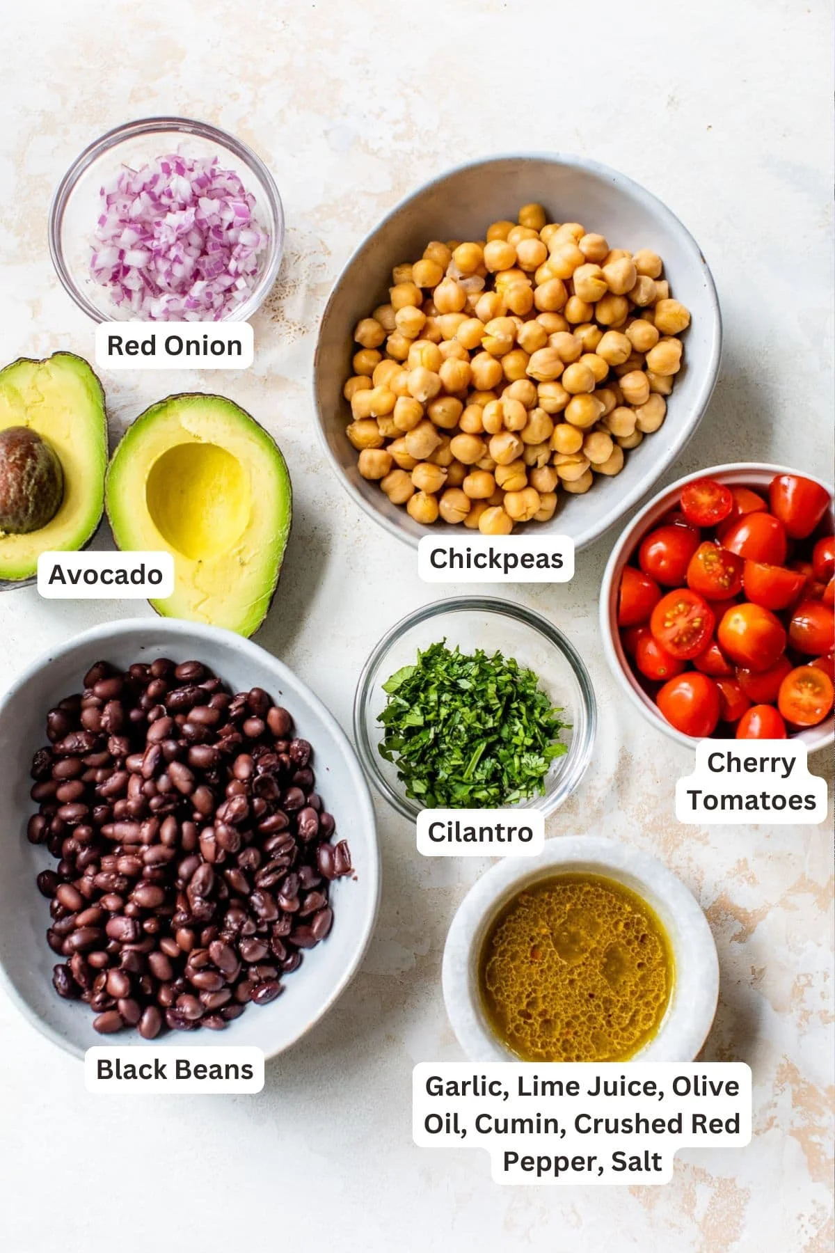 Ingredients for Fiesta Chickpea and Black Bean Salad.