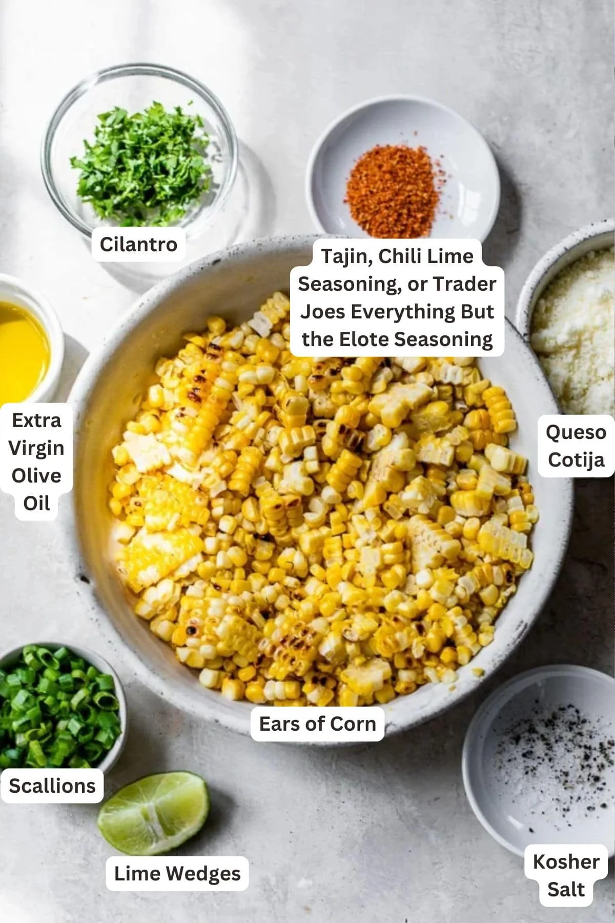 Ingredients for Mexican-Inspired Grilled Corn Salad with Cotija.