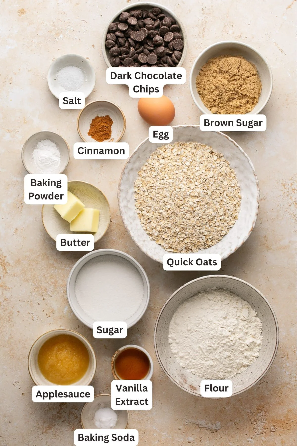 Ingredients for Oatmeal Chocolate Chip Cookies.