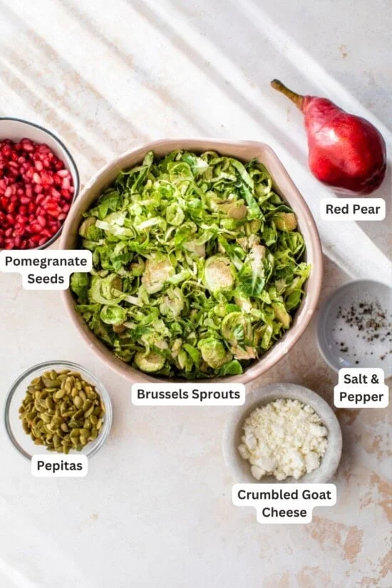 Ingredients for Shaved Brussels Sprout Salad with Pears and Pomegranate.