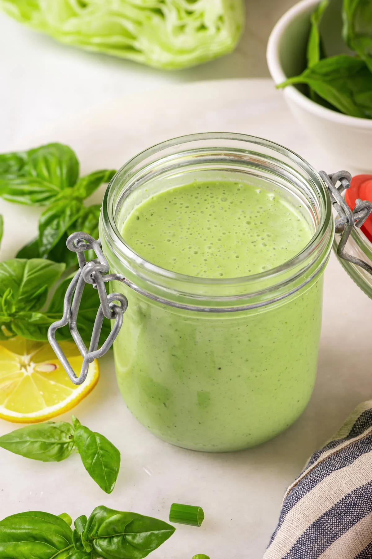 Jar of basil green goddess dressing