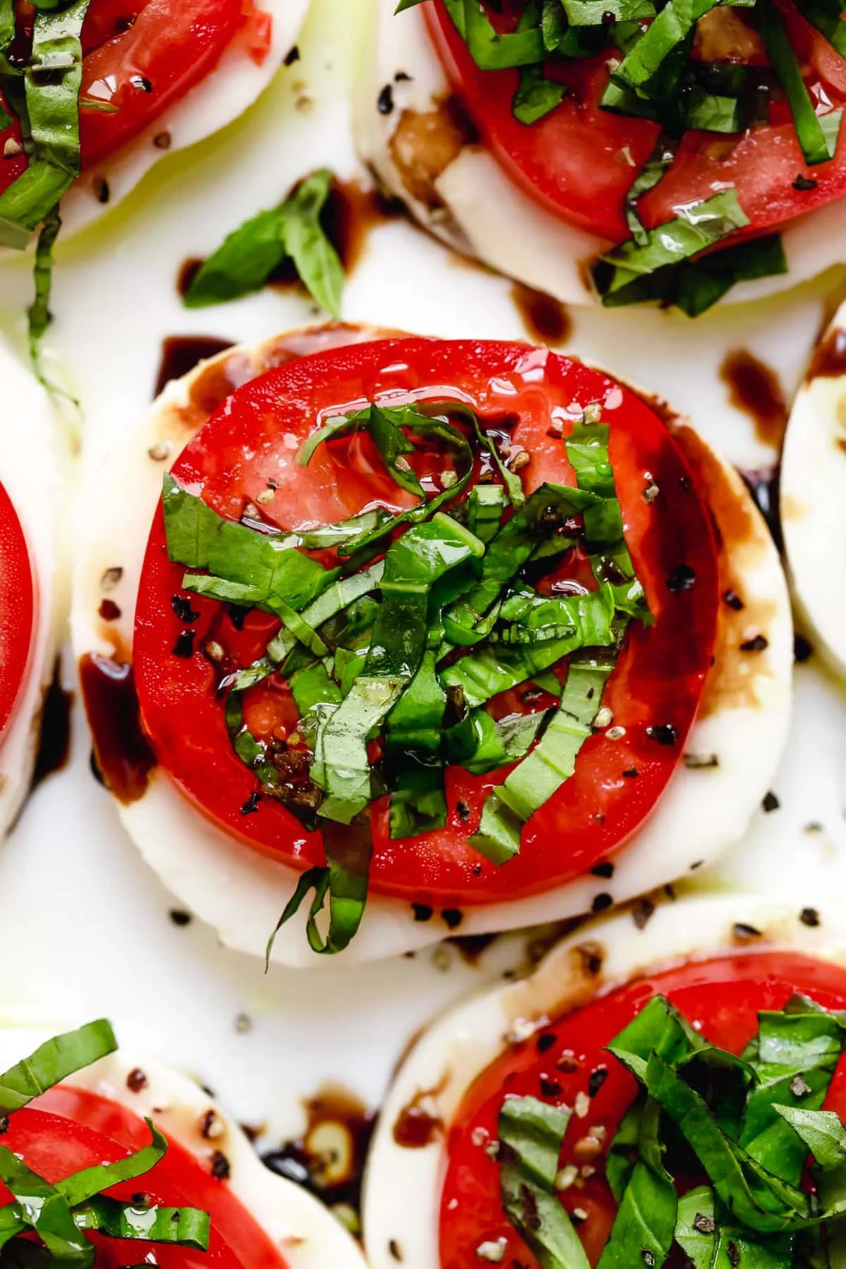 Overhead closeup of Caprese salad on platter