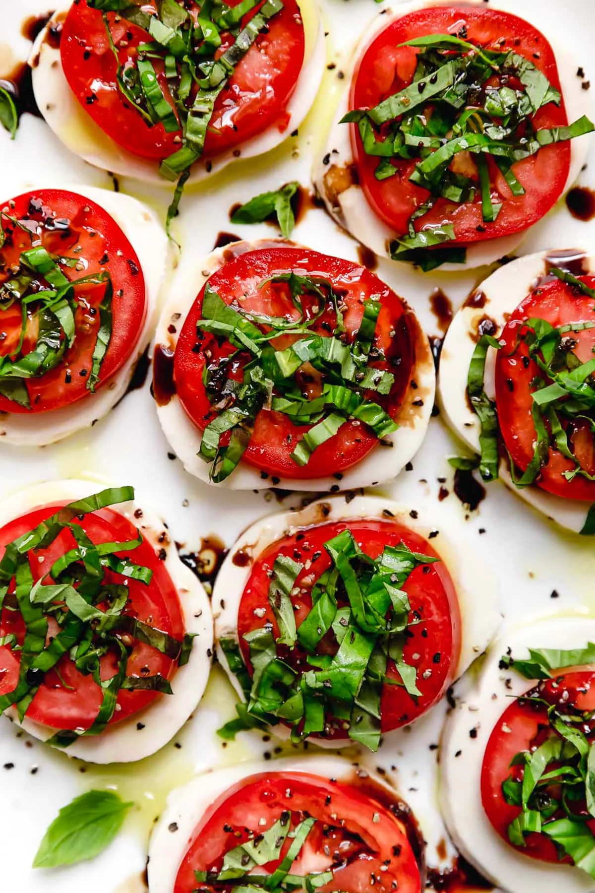 Overhead view of classic Caprese salad on platter