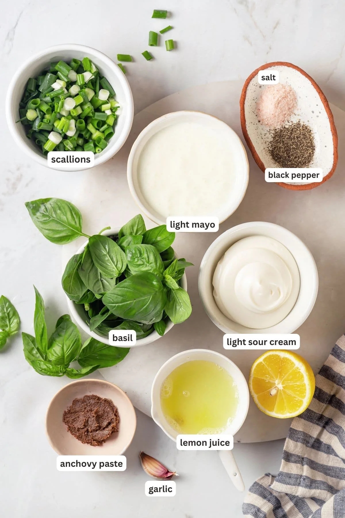 Overhead view of ingredients for basil green goddess dressing with labels