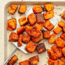 Roasted Sweet Potatoes on a baking sheet.
